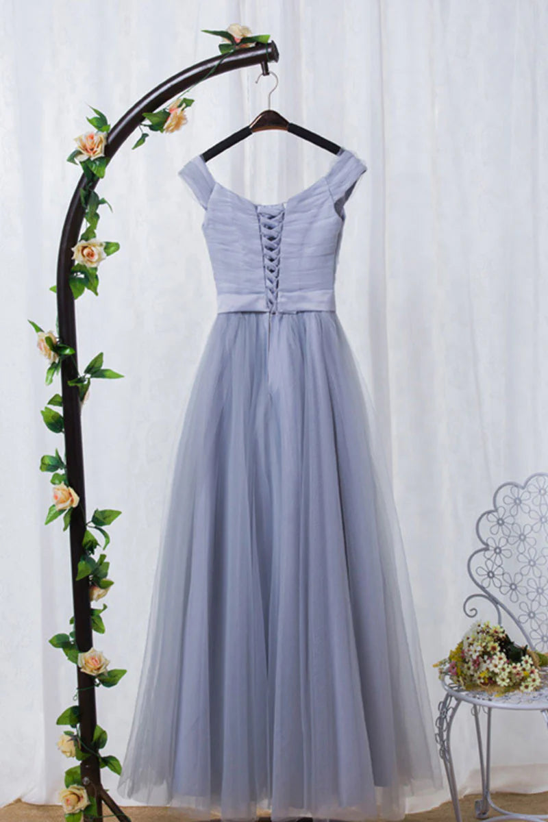 Vestido de fiesta largo de tul con hombros descubiertos